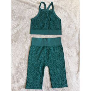 Teal Seamless Lace Texture Racerback Sports Bra Bike Shorts Set Size S